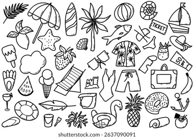 Collection of Hand-Drawn Summer Doodle Illustrations Featuring Vacation Themes. Hand-drawn doodle designs perfect for illustrating summer and travel themes. Includes beach, holiday, and tropical 
