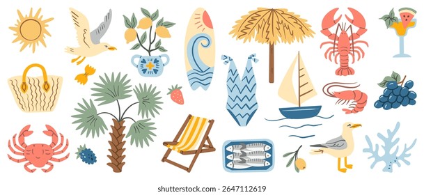 Collection of hand-drawn summer elements including seafood, palm trees, sun, seagulls, fruits, swimwear, sailboat, beach umbrella, coastal decor. Perfect for seaside themes, travel-inspired designs.