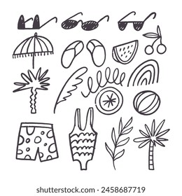 A collection of handdrawn summer icons featuring white background, vertebrate organisms, gestures, fonts, fingers, patterns, illustrations, drawings, and line art