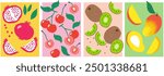 Collection of hand-drawn summer and spring fruit illustrations: pomegranate, cherries, kiwi, mangoes.