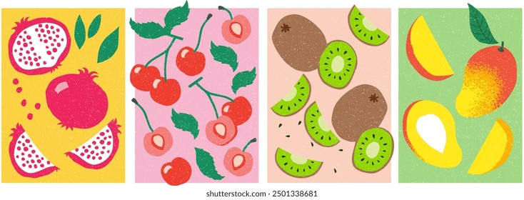 Collection of hand-drawn summer and spring fruit illustrations: pomegranate, cherries, kiwi, mangoes.