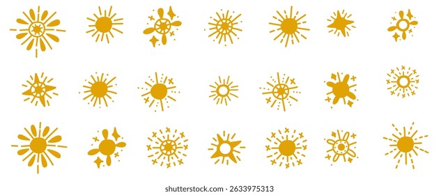 Collection of hand-drawn sunburst designs in golden yellow, creating a cheerful and radiant illustration.