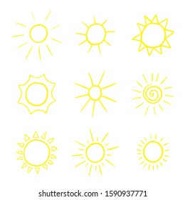 Collection of hand-drawn suns isolated on white background. Vector illustration