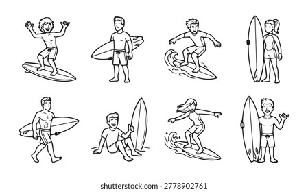 Collection of hand-drawn surfers showcasing different actions and stances with their boards perfect for beach lifestyle promotions.