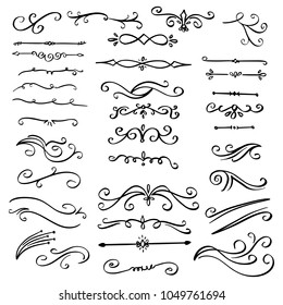 Collection of Handdrawn swirls and curles. Design element of ornaments for wedding cards, in invitations, save the date cards, flyers for restaurant