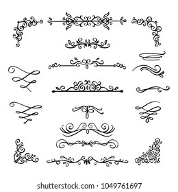 Collection of Handdrawn swirls and curles. Design element of ornaments for wedding cards, in invitations, save the date cards, flyers for restaurant