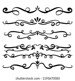 Collection of Handdrawn swirls and curles. Design element of ornaments for wedding cards, in invitations, save the date cards, flyers for restaurant