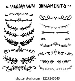 Collection of Handdrawn swirls and curles. Design element of ornaments for wedding cards, in invitations, save the date cards, flyers for restaurant