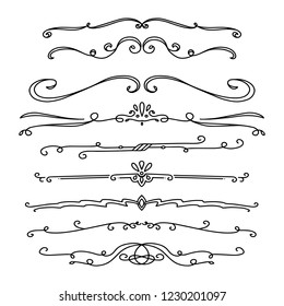 Collection of Handdrawn swirls and curles. Design element of ornaments for wedding cards, in invitations, save the date cards, flyers for restaurant