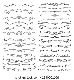 Collection of Handdrawn swirls and curles. Design element of ornaments for wedding cards, in invitations, save the date cards, flyers for restaurant