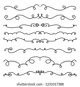 Collection of Handdrawn swirls and curles. Design element of ornaments for wedding cards, in invitations, save the date cards, flyers for restaurant