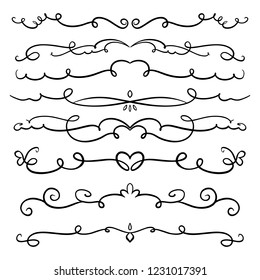 Collection of Handdrawn swirls and curles. Design element of ornaments for wedding cards, in invitations, save the date cards, flyers for restaurant