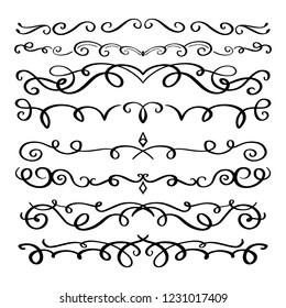 Collection of Handdrawn swirls and curles. Design element of ornaments for wedding cards, in invitations, save the date cards, flyers for restaurant