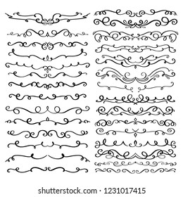 Collection of Handdrawn swirls and curles. Design element of ornaments for wedding cards, in invitations, save the date cards, flyers for restaurant