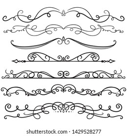 Collection of Handdrawn swirls and curles. Design element of ornaments for wedding cards, in invitations, save the date cards, flyers for restaurant