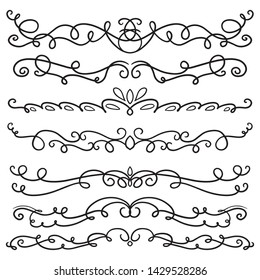 Collection of Handdrawn swirls and curles. Design element of ornaments for wedding cards, in invitations, save the date cards, flyers for restaurant