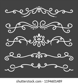 Collection of Handdrawn swirls and curles on dark background. Design element of ornaments for wedding cards, in invitations, save the date cards, flyers for restaurant