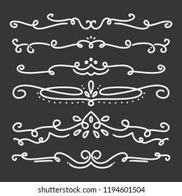 Collection of Handdrawn swirls and curles on dark background. Design element of ornaments for wedding cards, in invitations, save the date cards, flyers for restaurant