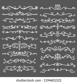 Collection of Handdrawn swirls and curles on dark background. Design element of ornaments for wedding cards, in invitations, save the date cards, flyers for restaurant