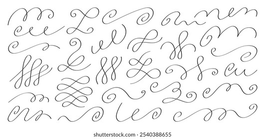 Collection of hand-drawn swirls and flourishes. Can be use for  invitations, logos, and decorative projects. Perfect for vintage and minimalist designs. Vector illustration