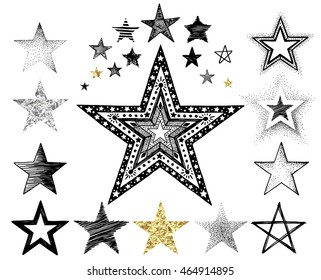 Collection of hand-drawn and texture foil stars, vector doodles illustration for your design.