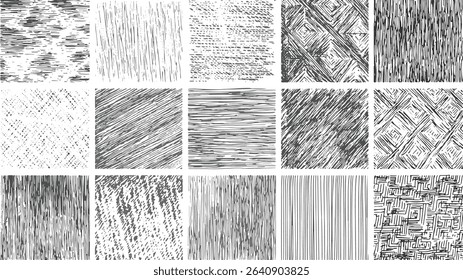Collection of hand-drawn textures featuring various sketchy patterns created with a graphic pencil or pen ideal for design projects needing distressed aesthetics.