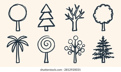Collection of hand-drawn tree icons in various shapes and styles with dark outlines on a light beige background