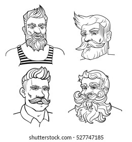 Collection of hand-drawn trendy men with mustache, beard and hairstyle. Vector set. Illustration isolated on background.