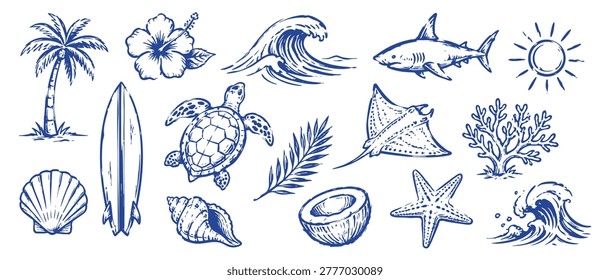 Collection of hand-drawn tropical beach elements, including palm tree, surfboard, sea turtle, shark, coral, waves, and shells, sketched in blue ink style.