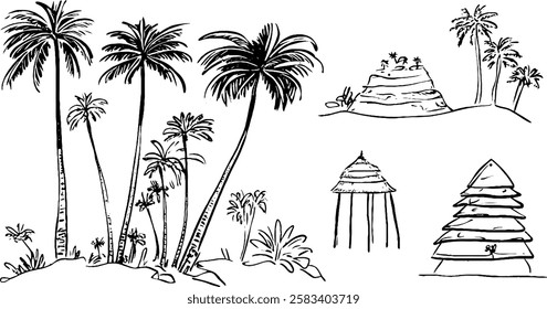 A collection of hand-drawn tropical elements including palm trees, rocky formations, and huts. The design features various styles of palm trees, a rocky hill with vegetation