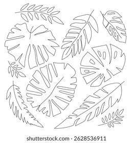 The collection of hand-drawn tropical leaves, each with intricate details and unique shapes. The black and white design captures the serene beauty of nature's foliage.