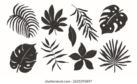 Collection of hand-drawn tropical leaves and flowers with grunge texture. Botanical vector elements in rustic vintage style. Perfect for eco prints, natural branding, and summer patterns.