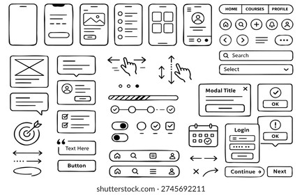 Collection of hand-drawn UI interface elements for mobile app wireframing UX design and prototyping