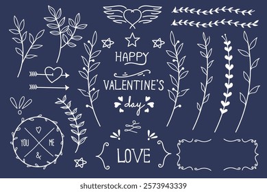 A collection of hand-drawn Valentine's Day design elements, including love-themed lettering, decorative frames, leafy branches, hearts, arrows, and vintage-style accents.