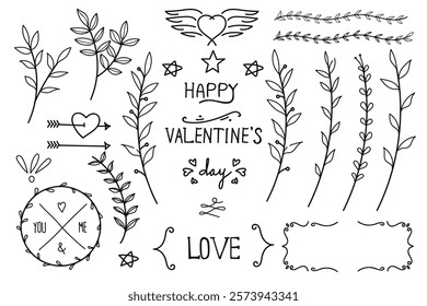 A collection of hand-drawn Valentine's Day design elements, including love-themed lettering, decorative frames, leafy branches, hearts, arrows, and vintage-style accents.