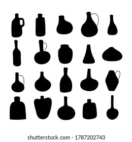 A collection of hand-drawn vases and bottles of various shapes. Vases and pitchers for interior decoration, flowers and drinks.Drawing in a flat style. Vector illustration.