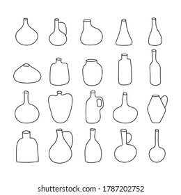 A collection of hand-drawn vases and bottles of various shapes. Vases and pitchers for interior decoration, flowers and drinks.Drawing in the thin line style.Vector illustration.