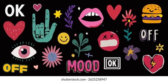 Collection of hand-drawn vector doodles in bright colors on black: lips, eyes, flowers, stars, heart, burger, OK sign. Expressive, playful, and modern illustration set.