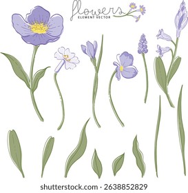 A collection of hand-drawn vector elements featuring purple wildflowers and green leaves. Perfect for DIY designs, greeting cards, invitations, and floral compositions.