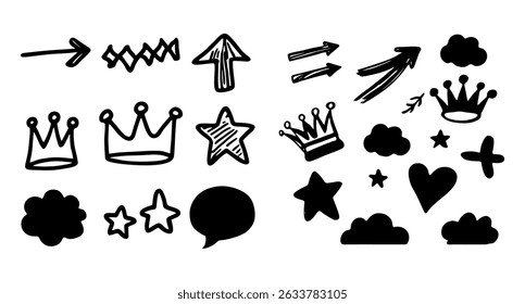 A collection of hand-drawn vector graphics of arrows, stars, clouds, crowns, hearts, and speech bubbles. These design elements can be useful for adding visual flair to a project.