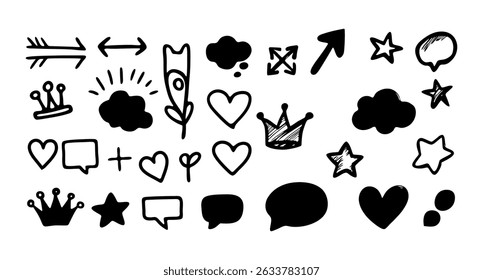 A collection of hand-drawn vector graphics of arrows, stars, clouds, crowns, hearts, and speech bubbles. These design elements can be useful for adding visual flair to a project.