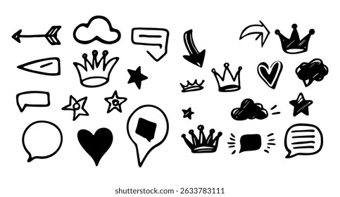 A collection of hand-drawn vector graphics of arrows, stars, clouds, crowns, hearts, and speech bubbles. These design elements can be useful for adding visual flair to a project.