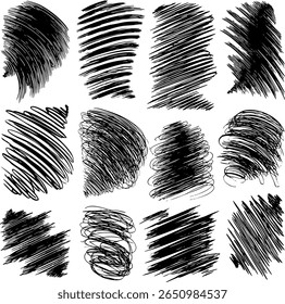 Collection de textures grunge Image vectorielle dessinées à la main. Formes carrées remplies de gribouillis denses et de hachures, ajoutant une texture dynamique aux arrière-plans et superpositions artistiques.