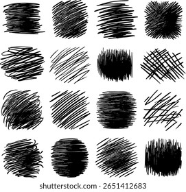 A collection of hand-drawn vector grunge textures. Circular shapes filled with dense hatching and sketchy lines, adding dynamic detail to artistic backgrounds and overlays.
