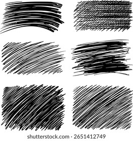 Collection de textures grunge Image vectorielle dessinées à la main. Formes carrées remplies de hachures denses et de lignes esquissées, ajoutant des détails dynamiques aux arrière-plans et superpositions artistiques.