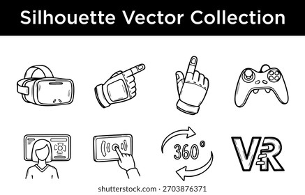 Una colección de iconos vectoriales dibujados a mano que representan la tecnología de realidad virtual y sus aplicaciones.