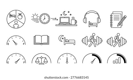 A collection of hand-drawn vector icons representing daily habits, time management, wellness, and productivity tasks. Perfect for journals, planners, health tracking, and educational materials.