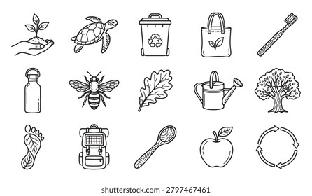 A collection of handdrawn vector icons representing environmental conservation sustainability nature and ecofriendly lifestyle concepts