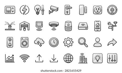 A collection of hand-drawn vector icons representing various smart home technology devices and concepts for digital use.