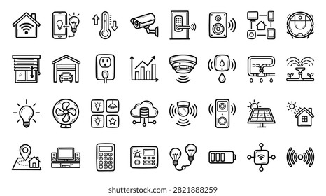 A collection of hand-drawn vector icons representing various smart home technologies and devices for modern living.